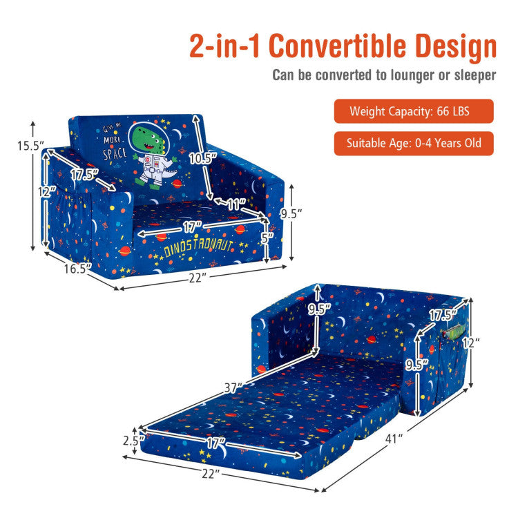 2-in-1 Convertible Kids Sofa with Velvet Fabric