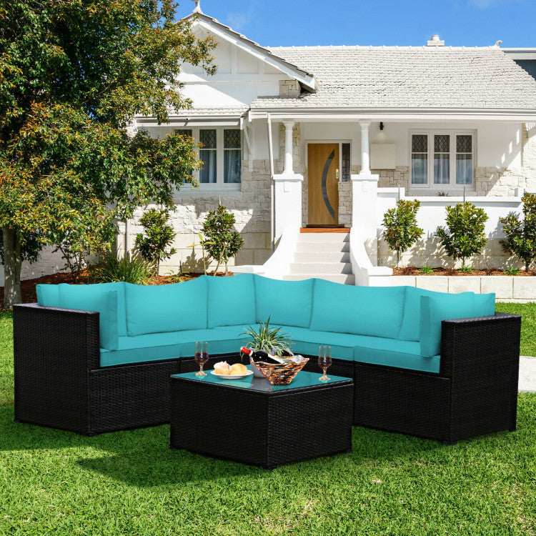 6 Piece Rattan Patio Sectional Sofa Set with Cushions for 4-5 Persons