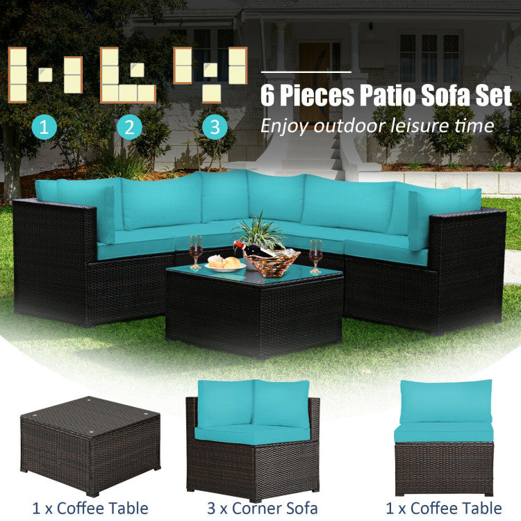 6 Piece Rattan Patio Sectional Sofa Set with Cushions for 4-5 Persons