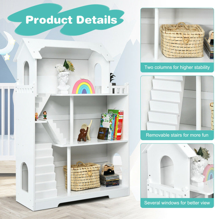 Kids Wooden Dollhouse Bookshelf with Anti-Tip Design and Storage Space