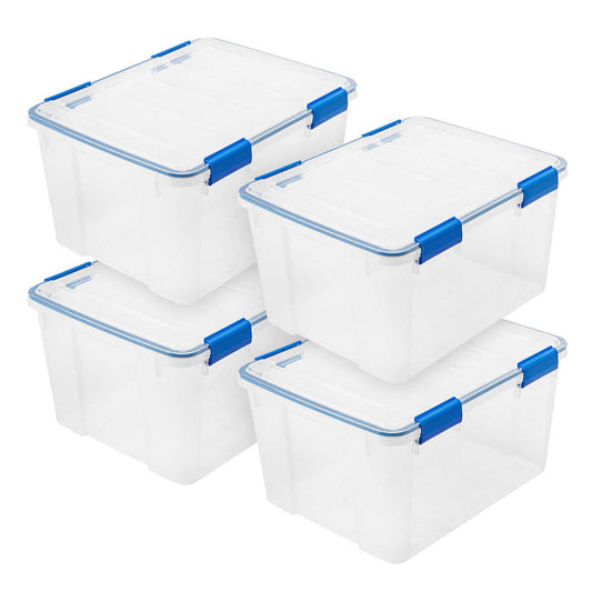 IRIS USA 44 Quart WeatherPro Storage Bin - Clear, Stackable, Airtight, Reinforced Lid and Durable Buckle Latches, 4-Pack, L: 20.38” W: 16.19” H: 22.38”