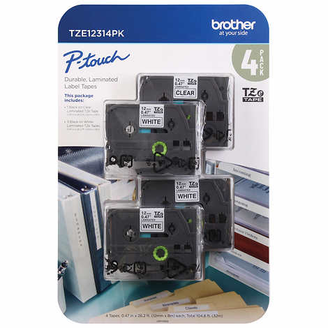 Brother P-Touch Label Tape, 4-Count - Compatible with Brother P-Touch Label Maker, Laminated TZe Tapes, Strong and Durable, 0.47” (12mm) x 26.2' (8m)
