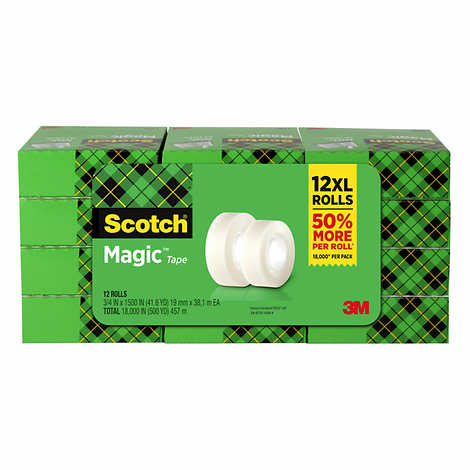 Scotch 3M Magic Tape, Ideal for Home, Office and School with Original Matte Finish, Invisible on Copies, 12-Count, 1" Core, 3/4" x 1500" per Roll