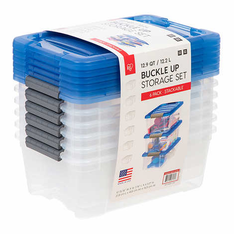 IRIS USA 12.9 Quart Buckle Up Storage Bin - Semi-Clear Plastic with Lids, Stackable Storage Bins, 6 Pack, 11.63 in. x 17.13 in. x 16 in.