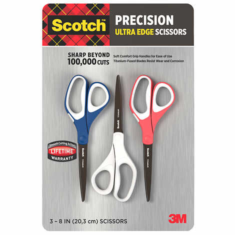 Scotch 3M Precision Ultra Edge Scissor, Titanium Fused Blades, Ideal for Fabric, Crafts and Cardstock, Soft Comfort Grip Handles, 3-count, 8"