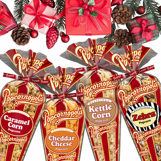 Popcornopolis Ultimate Classic Assorted Tall Cones, 24-Count Variety Pack - Includes Caramel Corn, Cheddar Cheese, Kettle Corn, Zebra Popcorn - Ideal for Christmas, Parties & Movie Nights