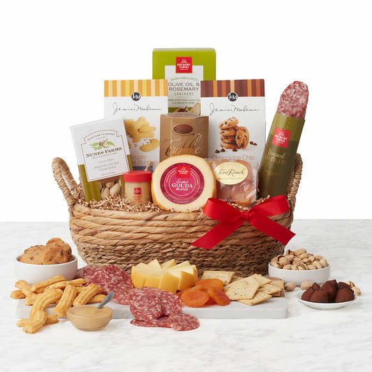 Hickory Farms Sweet & Savory Snacks Gift Basket - Gourmet Food Baskets with Original Dry Salami, Smoked Gouda Blend, Olive Oil & Rosemary Crackers, and More - Perfect Christmas Gourmet Gift Idea