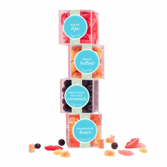 Sugarfina Large Candy Cube Variety Pack - Champagne Bears, Sugar Lips, Peach Bellini, Dark Chocolate Sea Salt Caramels - Perfect for Holidays, Christmas, Gifting