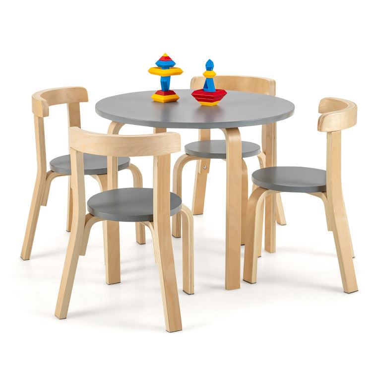 5-Piece Kids Wooden Curved Back Activity Table and Chair Set with Toy Bricks