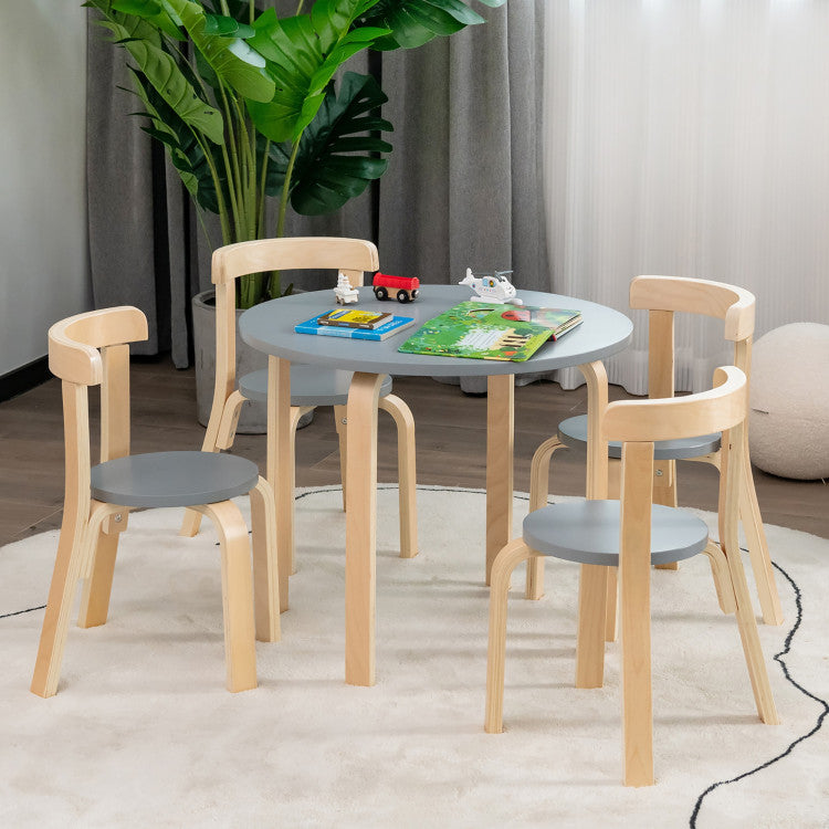 5-Piece Kids Wooden Curved Back Activity Table and Chair Set with Toy Bricks