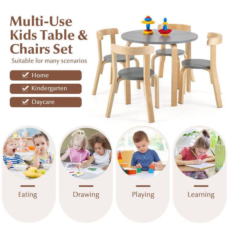 5-Piece Kids Wooden Curved Back Activity Table and Chair Set with Toy Bricks