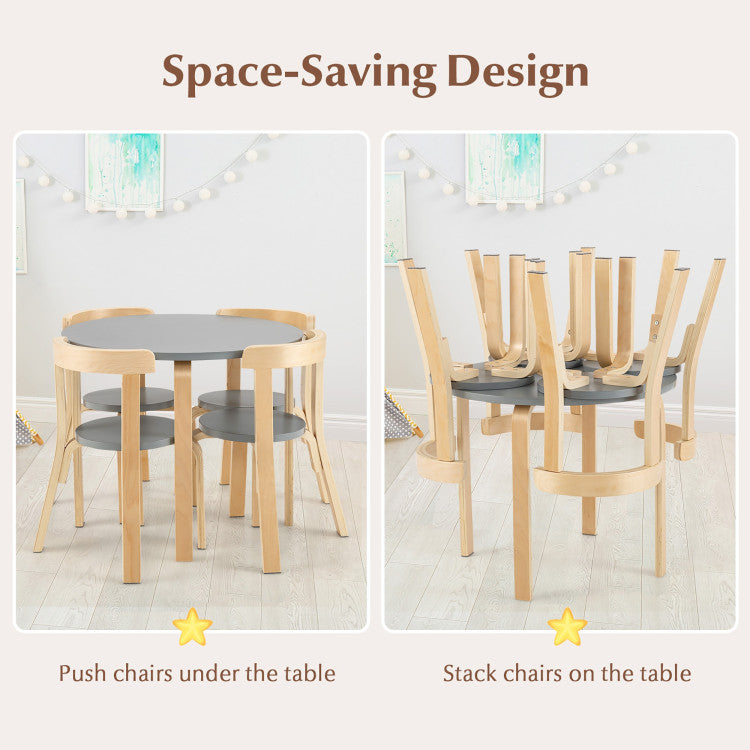 5-Piece Kids Wooden Curved Back Activity Table and Chair Set with Toy Bricks