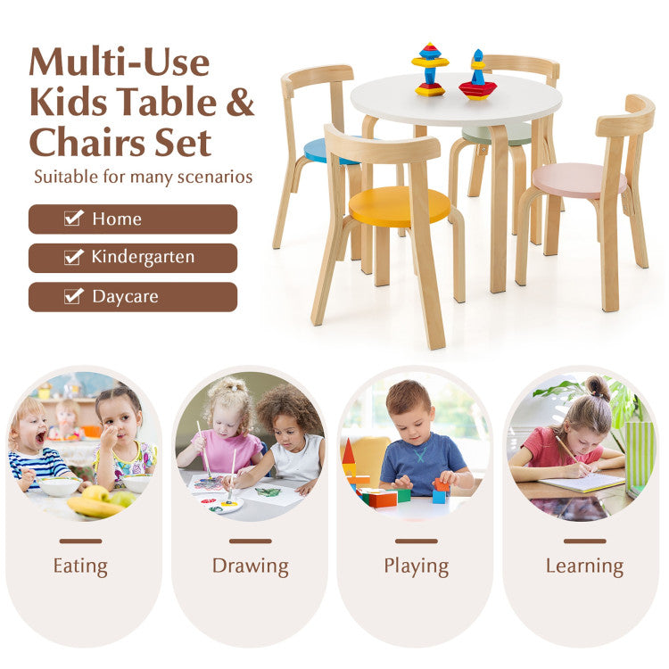 5-Piece Kids Wooden Curved Back Activity Table and Chair Set with Toy Bricks