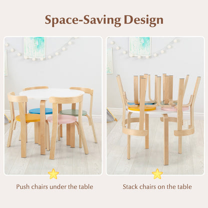 5-Piece Kids Wooden Curved Back Activity Table and Chair Set with Toy Bricks