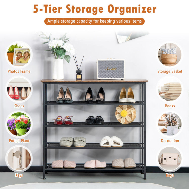 Industrial Adjustable 5-Tier Metal Shoe Rack with 4 Shelves for 16–20 Pairs