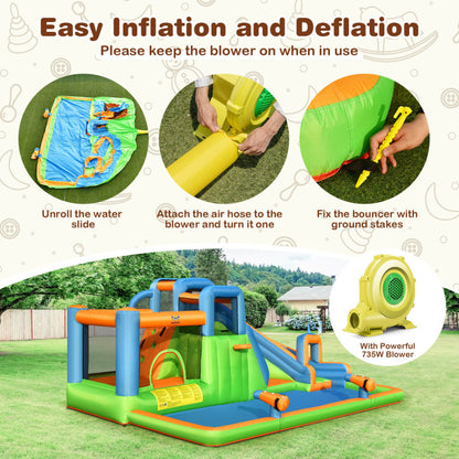 7-in-1 Inflatable Giant Water Park with Dual Climbing Walls and 735W Blower