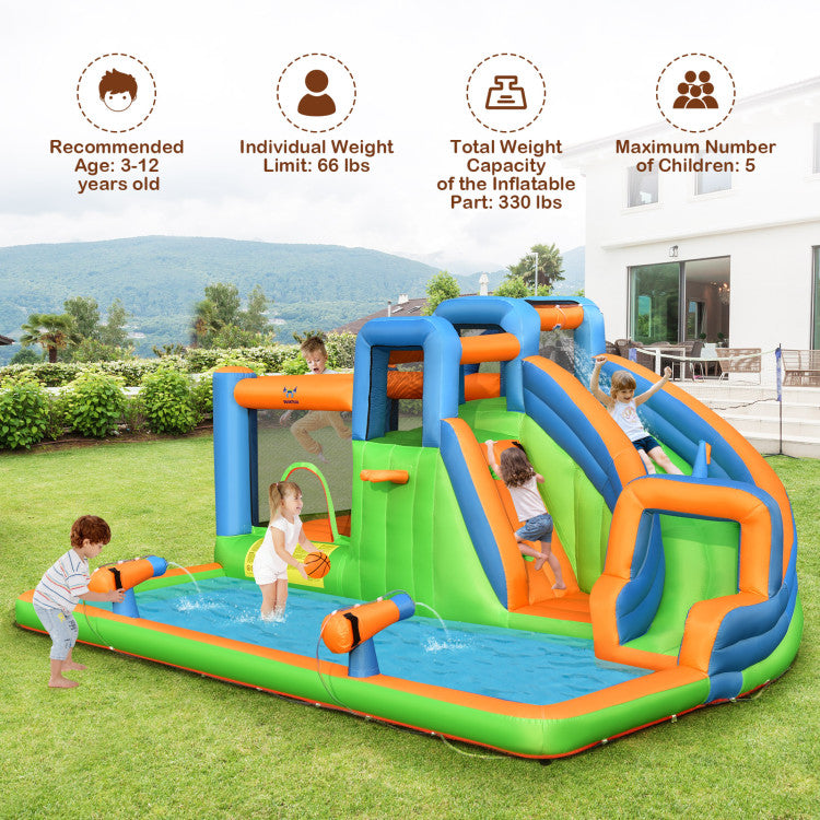 7-in-1 Inflatable Giant Water Park with Dual Climbing Walls and 735W Blower