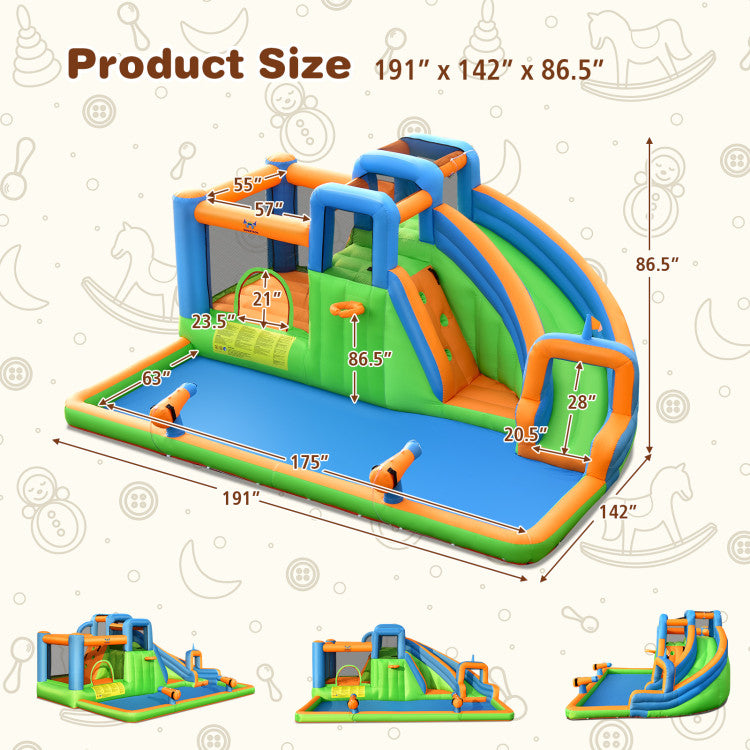 7-in-1 Inflatable Giant Water Park with Dual Climbing Walls and 735W Blower