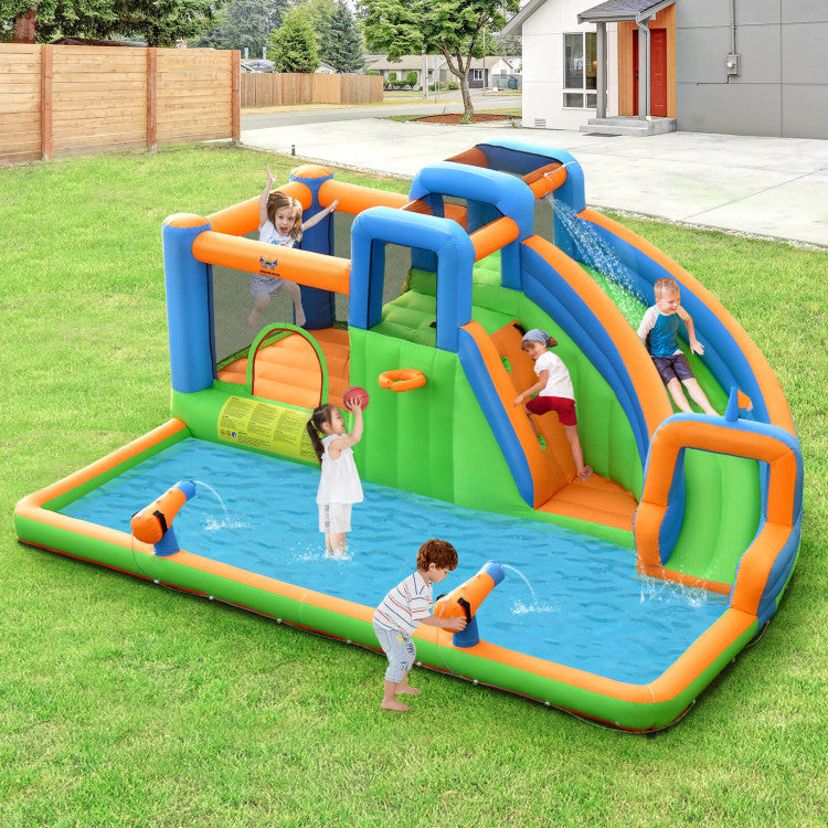 7-in-1 Inflatable Giant Water Park with Dual Climbing Walls and 735W Blower