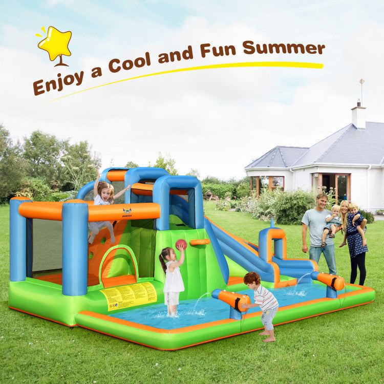 7-in-1 Inflatable Giant Water Park with Dual Climbing Walls and 735W Blower