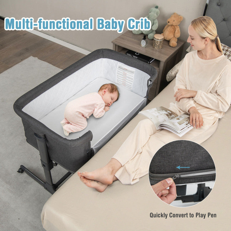 3-in-1 Foldable Baby Bedside Sleeper  with Mattress and 5 Adjustable Heights