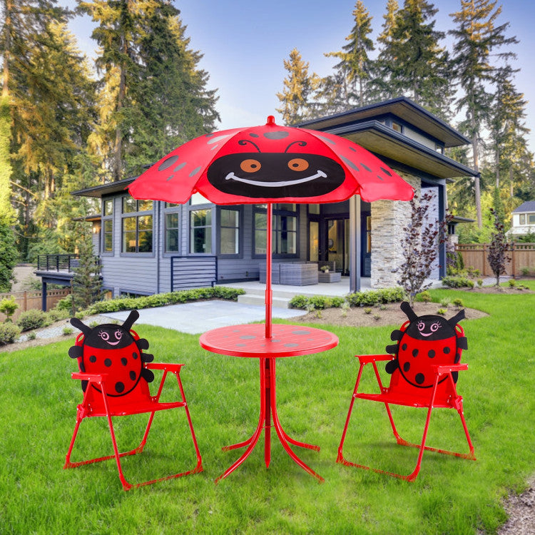 Kids Patio Folding Table and Chairs Set Beetle with Umbrella