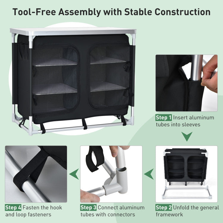 Portable Camping Kitchen Table with Storage Shelves