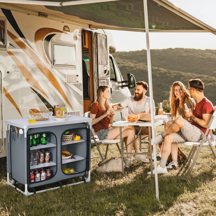 Portable Camping Kitchen Table with Storage Shelves