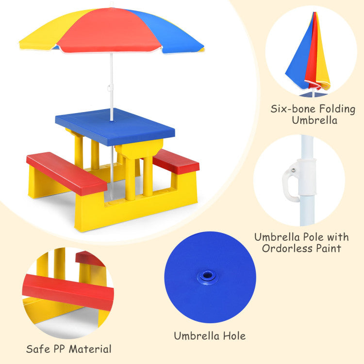 Kids Picnic Folding Table and Bench Set with Umbrella