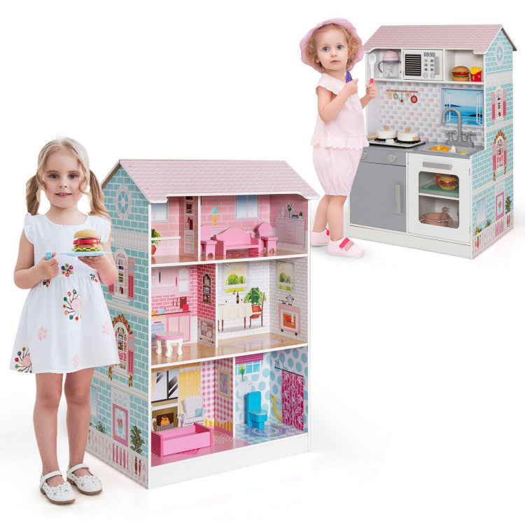 2-In-1 Double-Sided Kids Kitchen Playset and Dollhouse with Furniture