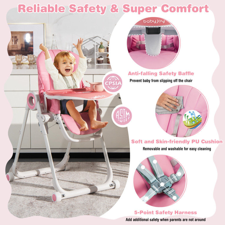 Baby High Chair Foldable Feeding Chair with 4 Lockable Wheels