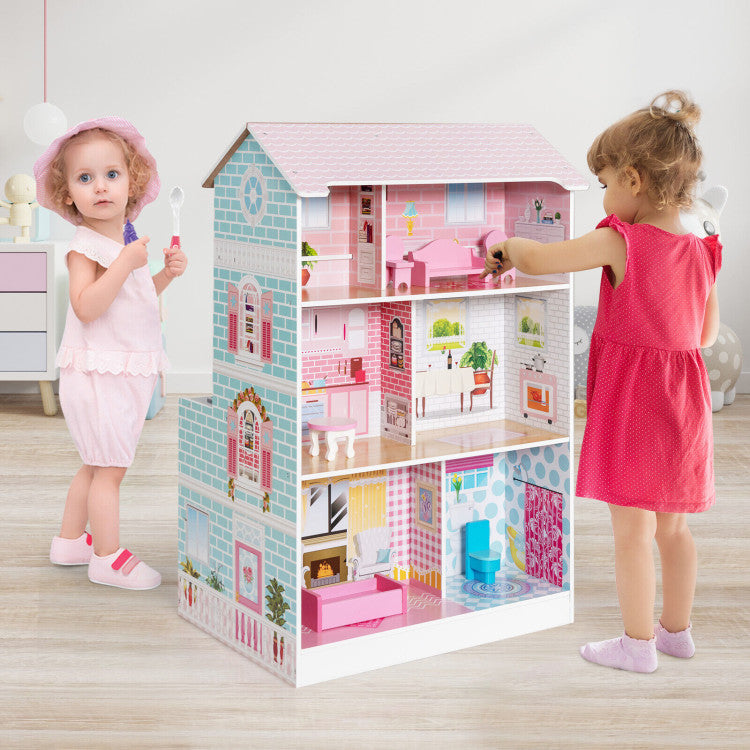 2-In-1 Double-Sided Kids Kitchen Playset and Dollhouse with Furniture