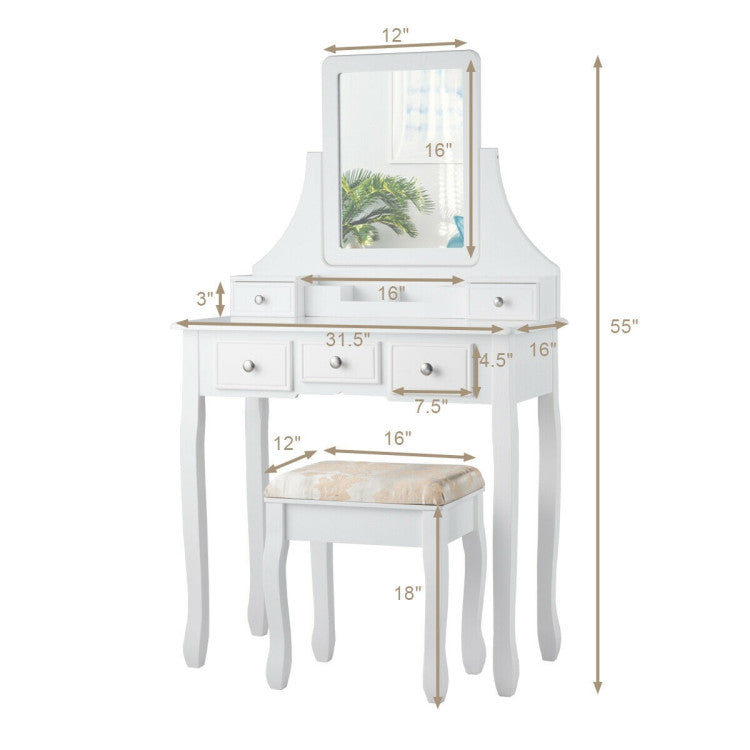 Makeup Vanity Set with Mirror and Cushioned Stool