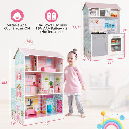 2-In-1 Double-Sided Kids Kitchen Playset and Dollhouse with Furniture