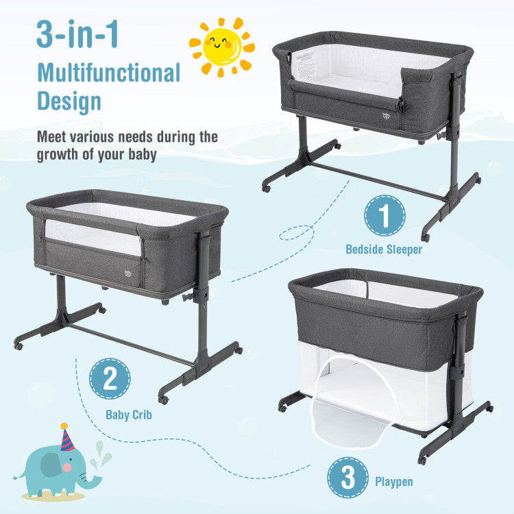 3-in-1 Foldable Baby Bedside Sleeper  with Mattress and 5 Adjustable Heights