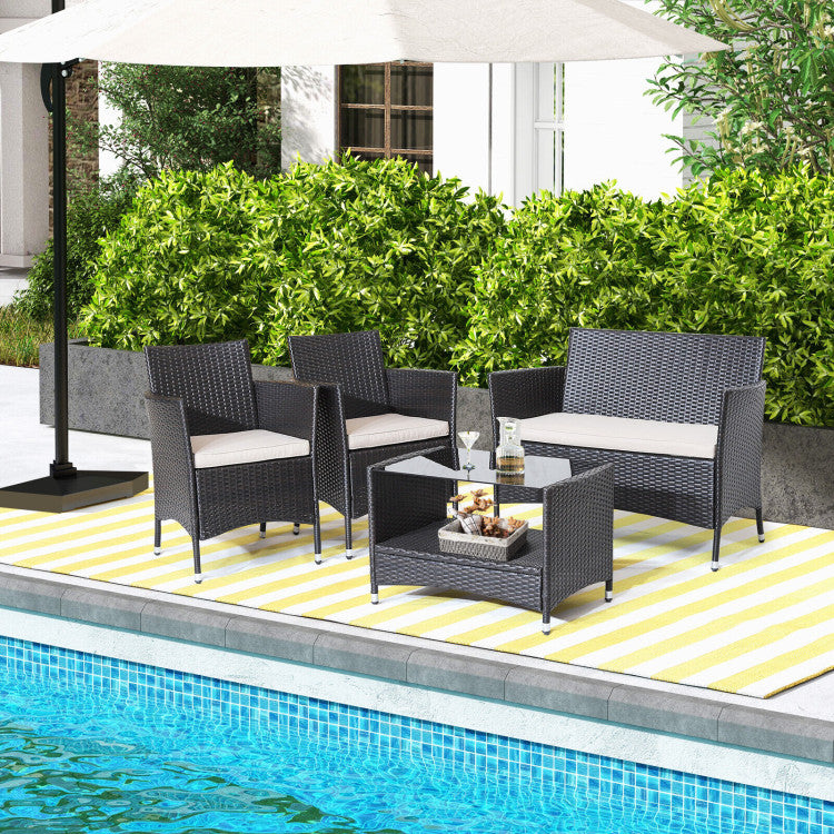 4 Piece Patio Conversation Set with Soft Cushions and Tempered Glass Tabletop