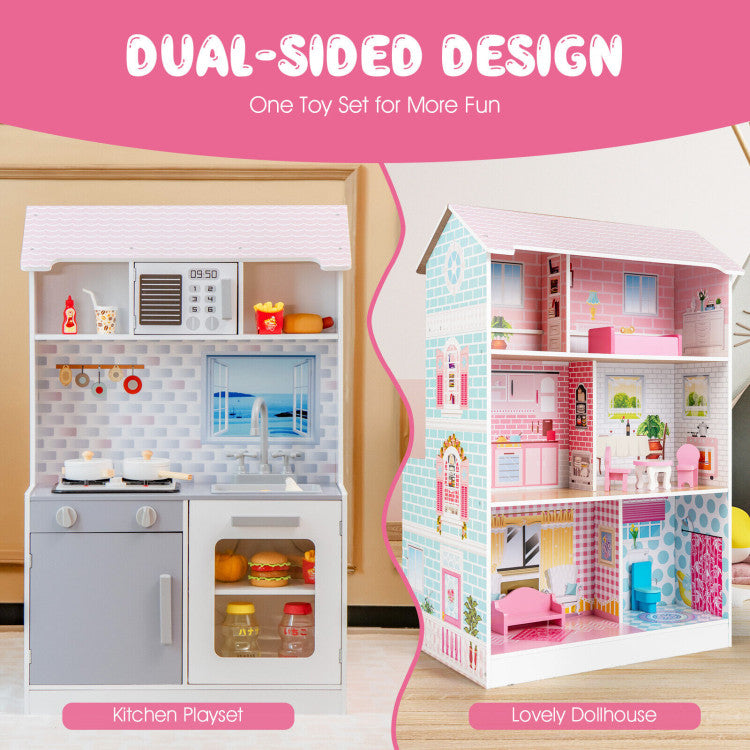 2-In-1 Double-Sided Kids Kitchen Playset and Dollhouse with Furniture