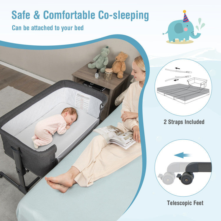 3-in-1 Foldable Baby Bedside Sleeper  with Mattress and 5 Adjustable Heights