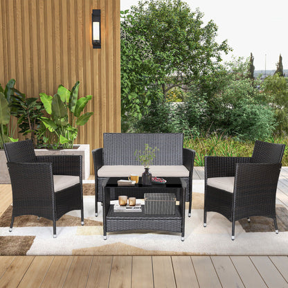 4 Piece Patio Conversation Set with Soft Cushions and Tempered Glass Tabletop