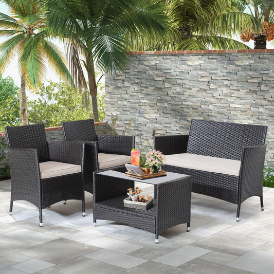 4 Piece Patio Conversation Set with Soft Cushions and Tempered Glass Tabletop