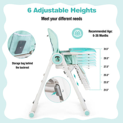 Baby High Chair Foldable Feeding Chair with 4 Lockable Wheels