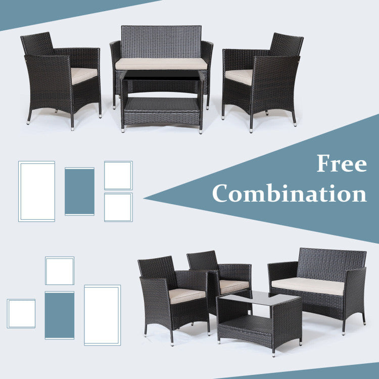 4 Piece Patio Conversation Set with Soft Cushions and Tempered Glass Tabletop