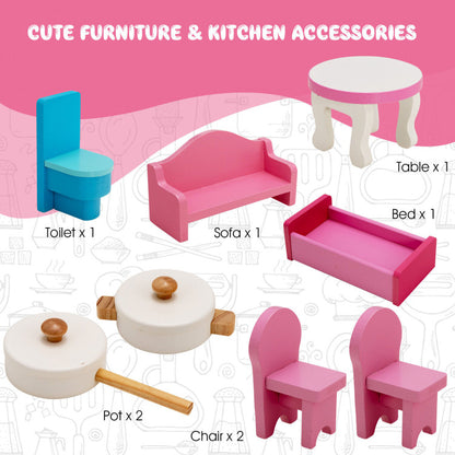 2-In-1 Double-Sided Kids Kitchen Playset and Dollhouse with Furniture