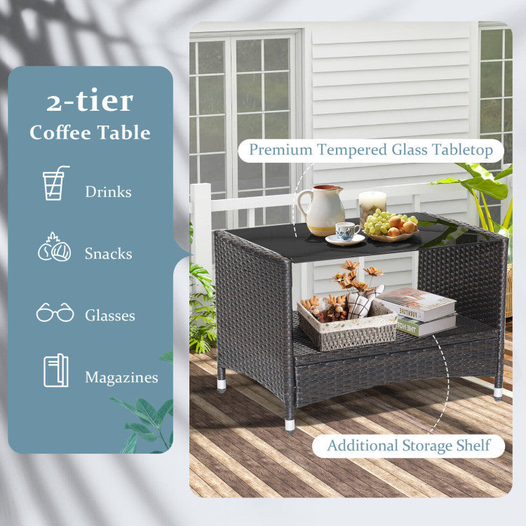 4 Piece Patio Conversation Set with Soft Cushions and Tempered Glass Tabletop