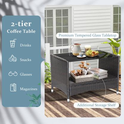 4 Piece Patio Conversation Set with Soft Cushions and Tempered Glass Tabletop