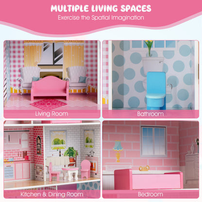 2-In-1 Double-Sided Kids Kitchen Playset and Dollhouse with Furniture