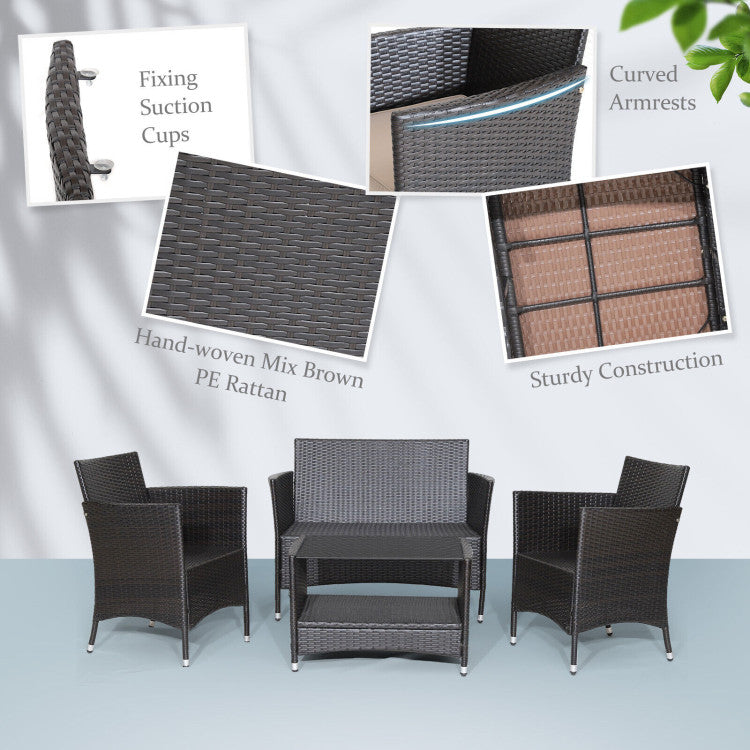 4 Piece Patio Conversation Set with Soft Cushions and Tempered Glass Tabletop