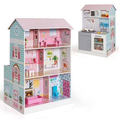 2-In-1 Double-Sided Kids Kitchen Playset and Dollhouse with Furniture