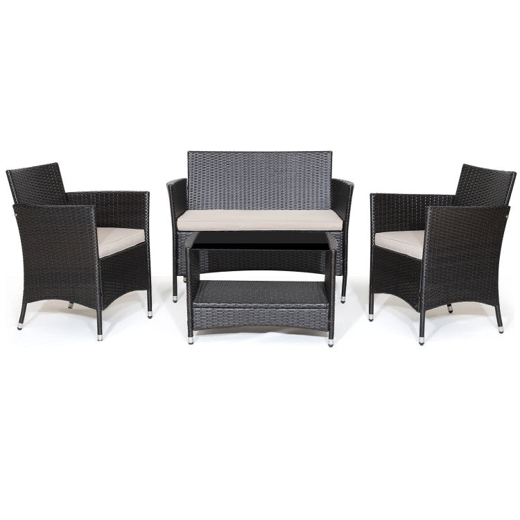 4 Piece Patio Conversation Set with Soft Cushions and Tempered Glass Tabletop