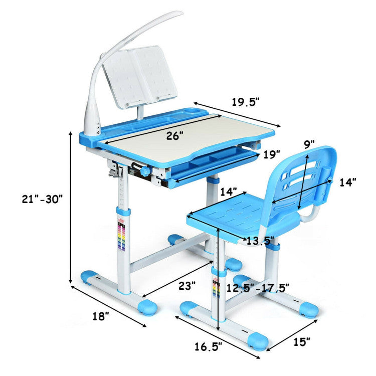 Adjustable Kid's Desk Chair Set with Lamp and Bookstand